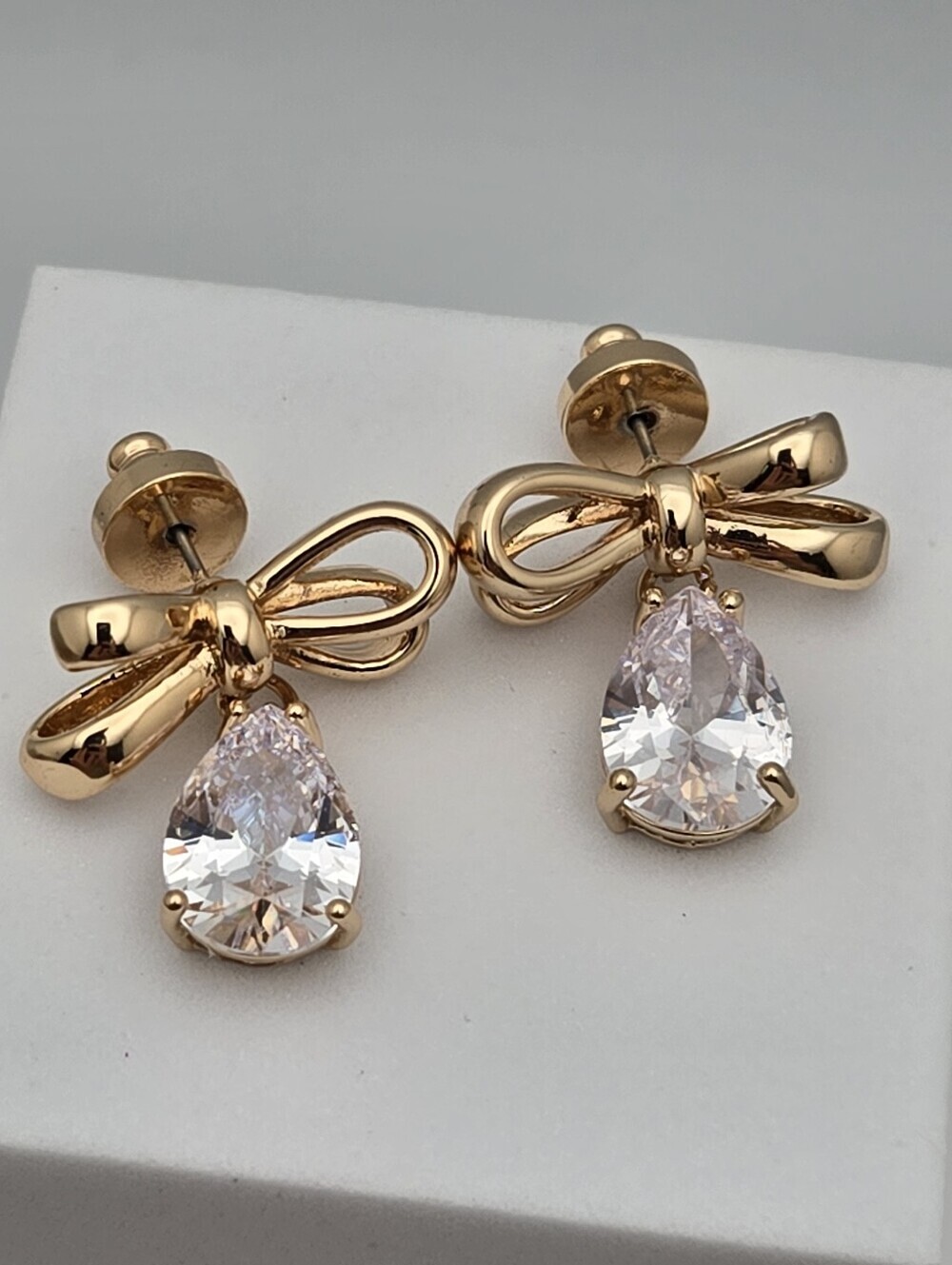 Gold Bow CZ Teardrop Drop Earrings Ribbon Cubic Zirconia Studs Sparkly New